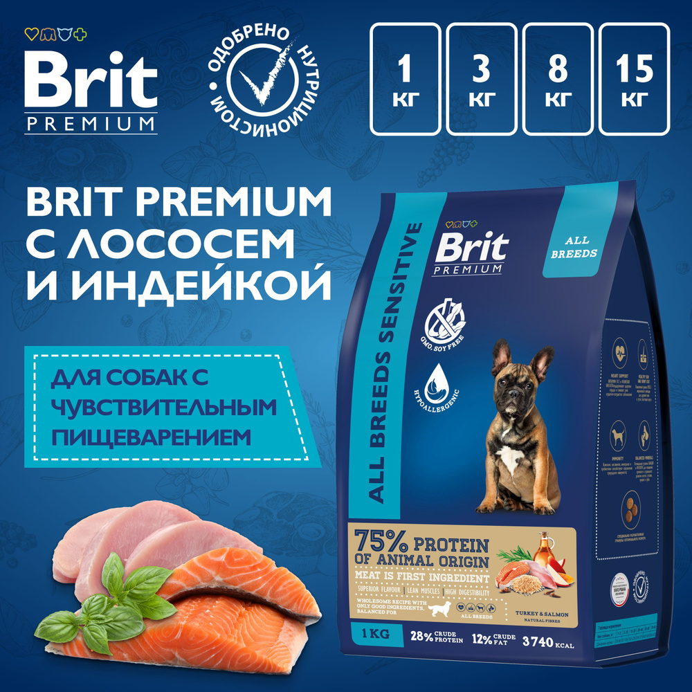 Брит Premium Dog Sensitive с лососем и индейкой для взрослых собак всех ...