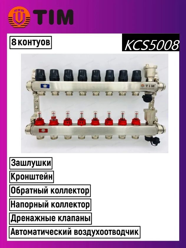 Коллектор для теплого пола TIM на 8 выходов с расходомерами из ...
