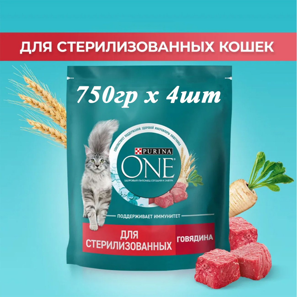 Сухой корм для кошек Purina One Sterilised 750гр х 4шт для стерилизованных, с говядиной и пшеницей  #1