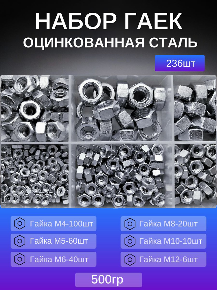 Набор гаек шестигранных оцинкованных DIN 934 для болтов,М4,М5, М6, М8 ...
