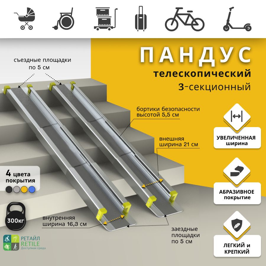 Пандус телескопический 3-секционный Антислип 350 см, серый (рабочая длина  340 см + 2 опор.площадки по 5 см) - купить с доставкой по выгодным ценам в  интернет-магазине OZON (876964447)