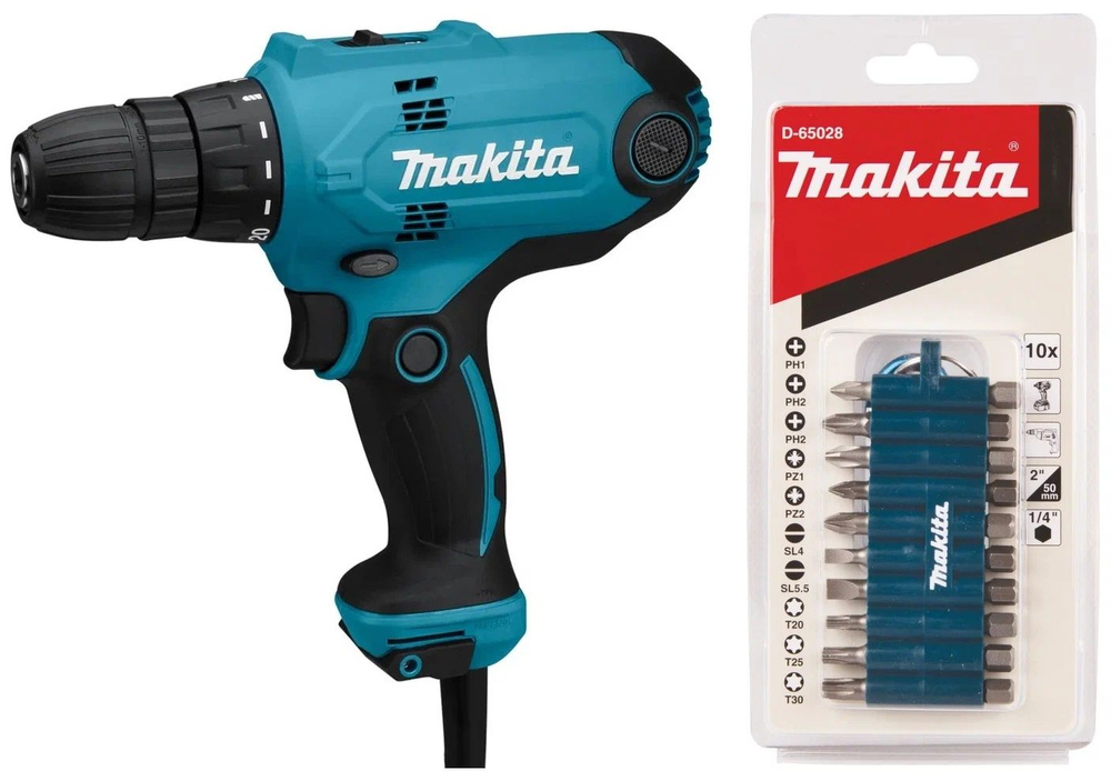 Сетевая дрель-шуруповерт MAKITA DF0300X3 с набором бит 10 шт. #1