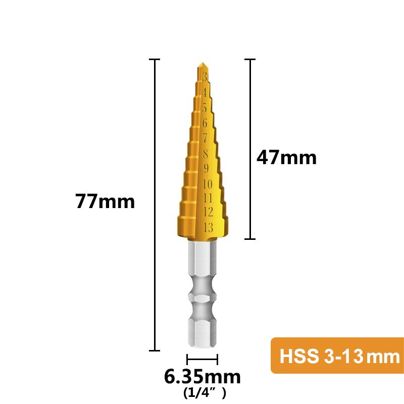 Ступенчатое сверло елочка по металлу и дереву 3-13 с шестигранным хвостовиком, титановое покрытие, 1шт. #1