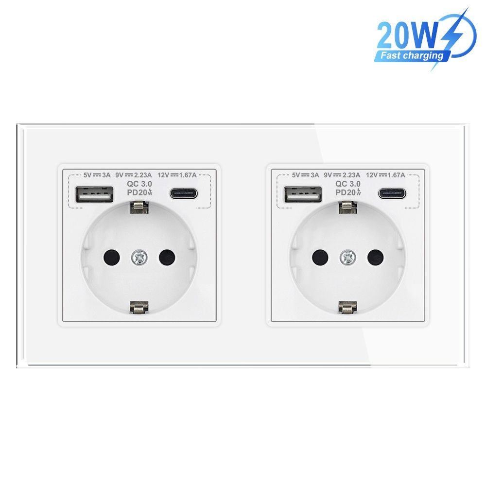 Розетка с usb двойная,Type-C быстрая зарядка 20W,закаленное стекло ...