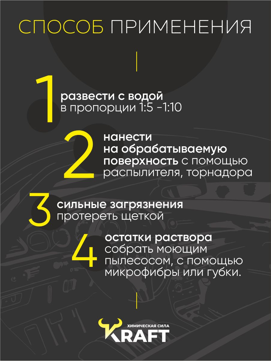 Средство для химчистки. Чистящее средство для профессиональной химчистки салона. Идеально подходит для чистки ткани, велюра, искусственной и натуральной кожи. Универсальный пятновыводитель для салона автомобиля: эффективно очищает обивку сидений, пол, потолок, багажник, дверные карты и так далее. Оживляет и обновляет цвета салона. Не повреждает очищаемую поверхность. Удаляет жирные загрязнения, кофе, табак, следы от джинс, следы от домашних животных. Устраняет неприятные запахи. Средство имеет приятный нейтральный аромат, после химчистки в машине приятно находиться и делать химчистку тоже гораздо комфортнее. Пенный очиститель салона автомобиля подходит для выполнения уборки любым оборудованием: с помощью торнадора, с помощью моющего пылесоса или просто щеткой. Не оставляет разводов на очищаемой поверхности. Имеет показатель водородной силы Ph 11.7, что позволяет безопасно удалять загрязнения, не повреждая очищаемый материал. Не содержит хлор, как Vinet ( винет ), поэтому нет риска "сжечь" салон. Пятновыводитель так же можно использовать для очистки мягкой мебели, диванов, матрасов, химчистки ковров, обуви, одежды в том числе зимних курток, пуховиков. Продукт поставляется в сильно концентрированном виде, благодаря чему расход средства минимален, что позволяет хорошо экономить и получить дешевую себестоимость химчистки.  Способ применения:   развести с водой в пропорции 1:3 - 1:10, нанести на поверхность с помощью триггера, распылителя или торнадора. Сильные загрязнения протереть щеткой. Остатки раствора собрать моющим пылесосом или с помощью микрофибры либо губки.