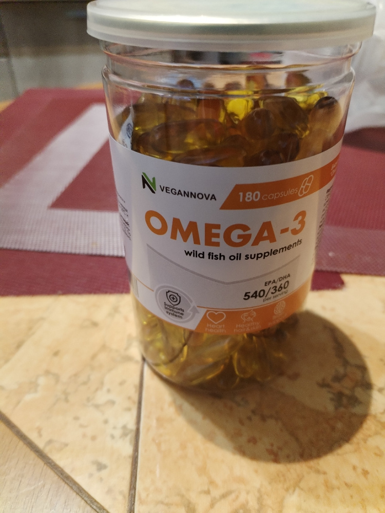 VeganNova Омега 3 в капсулах 1000мг, Рыбий жир 100%, для взрослых, 180 ...