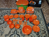 Большой набор посуды для пикника в корзине, 46 предметов, оранжевый #1, Елена К.