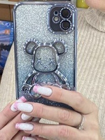 Чехол на Iphone 11 / Медведь-Bearbrick-Голубой / со стеклянной защитой камер / с блестками / силикон #29, Максим Б.