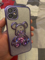 Чехол на Iphone 11 / Медведь-Bearbrick-Фиолетовый / со стеклянной защитой камер / с блестками / силикон #26, Максим Б.