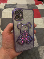 Чехол на Iphone 11 / Медведь-Bearbrick-Фиолетовый / со стеклянной защитой камер / с блестками / силикон #24, Максим Б.