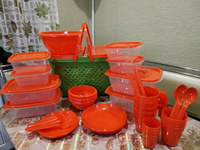 Большой набор посуды для пикника в корзине, 46 предметов, оранжевый #7, Аксана Б.