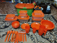Большой набор посуды для пикника в корзине, 46 предметов, оранжевый #2, Елена К.