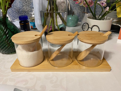 Сахарница с ложкой и крышкой из бамбука стеклянная 300мл. - купить с ...