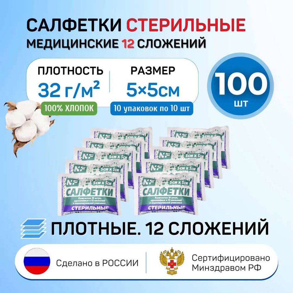 Комплект Салфетки марлевые медицинские стерильные 12 сложений 5х5см ...